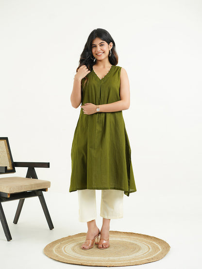 Cotton Pleated Sleeveless Kurta Green