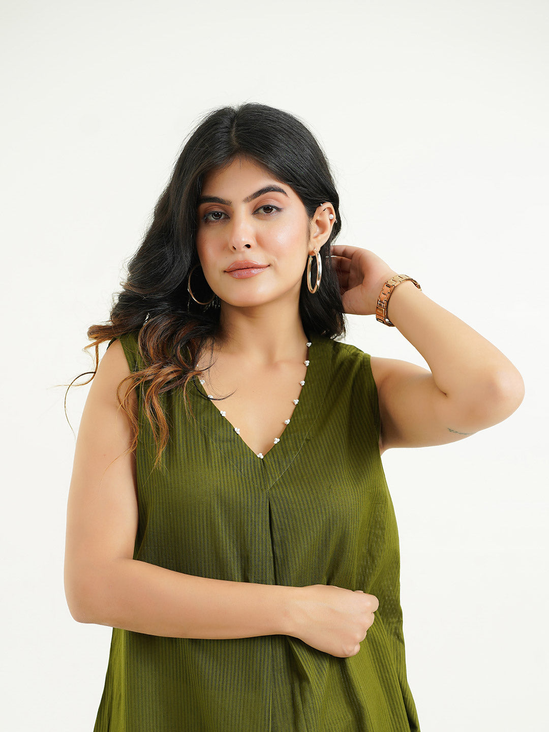 Cotton Pleated Sleeveless Kurta Green