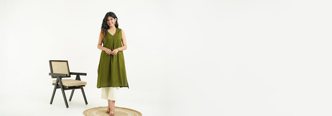 Cotton Pleated Sleeveless Kurta Green