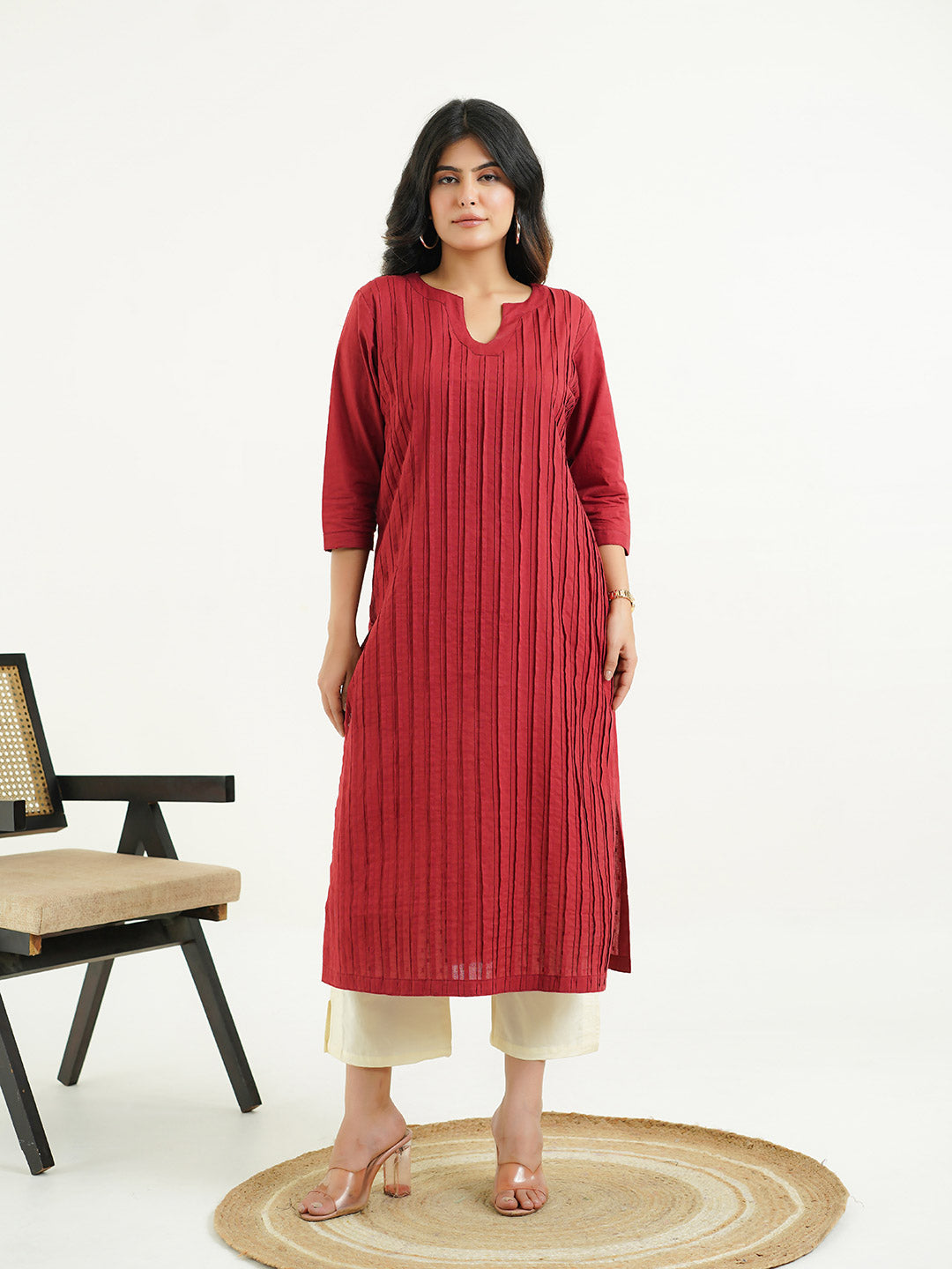 Solid Cotton Everyday Pintucks Kurta Red