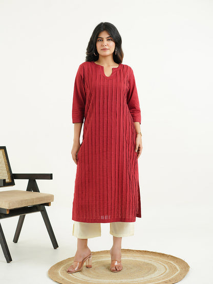 Solid Cotton Everyday Pintucks Kurta Red