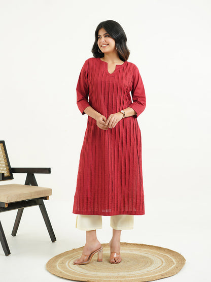 Solid Cotton Everyday Pintucks Kurta Red