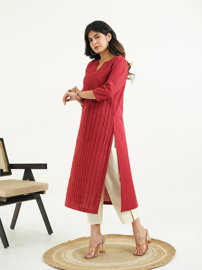 Solid Cotton Everyday Pintucks Kurta Red
