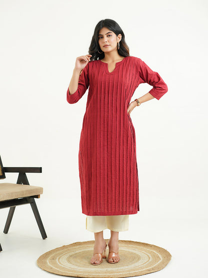 Solid Cotton Everyday Pintucks Kurta Red