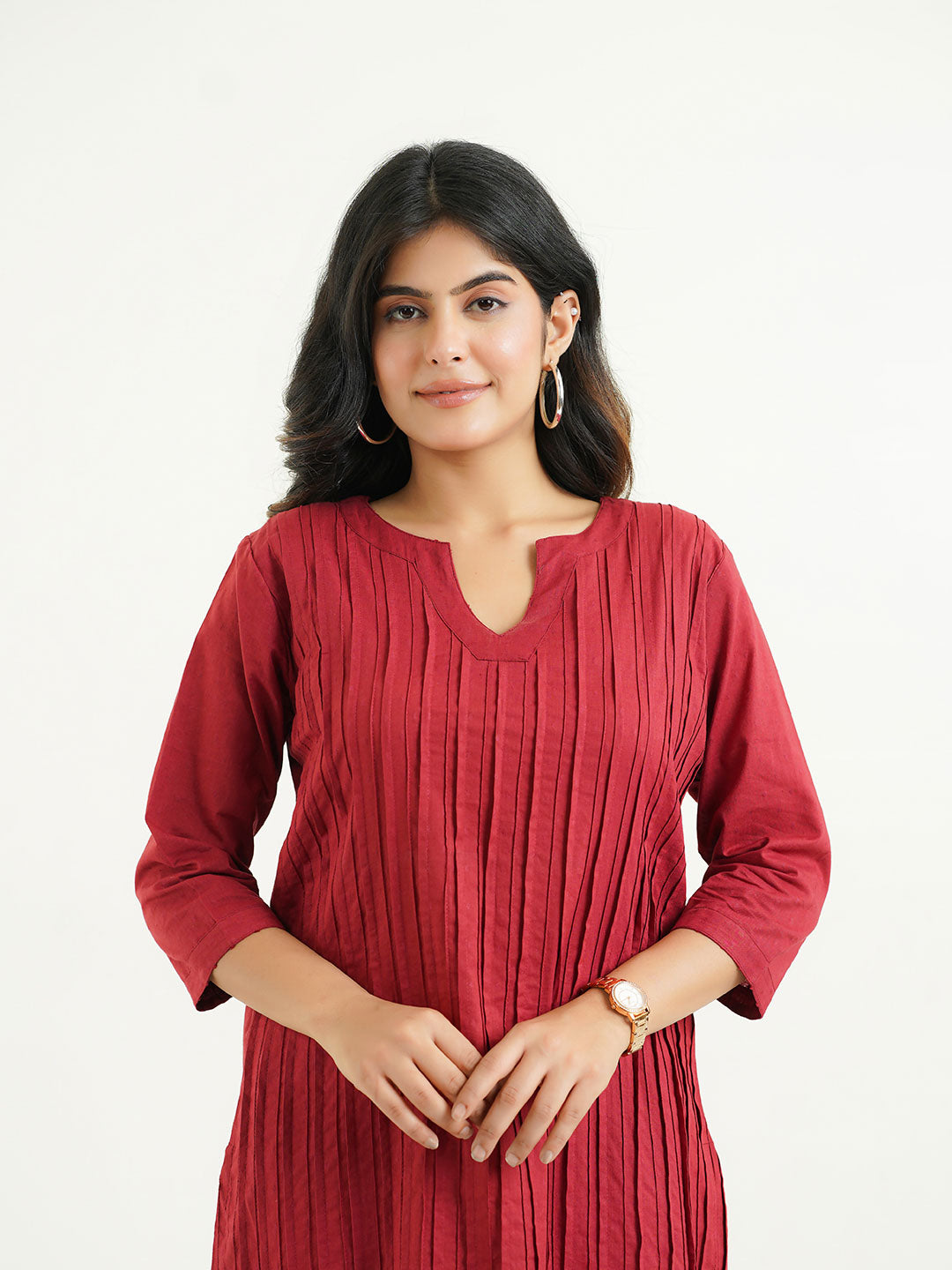 Solid Cotton Everyday Pintucks Kurta Red