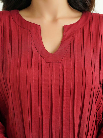 Solid Cotton Everyday Pintucks Kurta Red