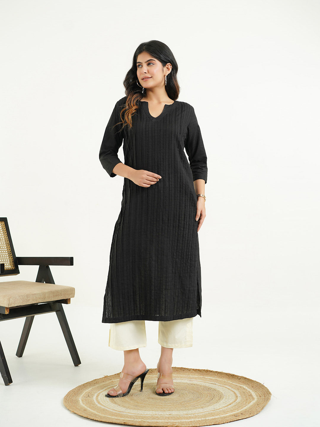 Solid Cotton Everyday Pintucks Kurta Black