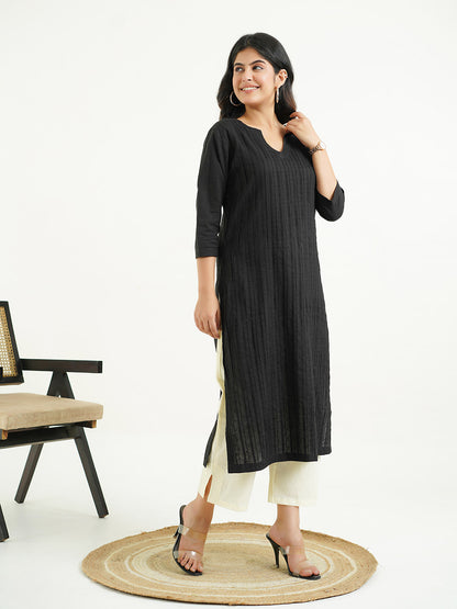 Solid Cotton Everyday Pintucks Kurta Black