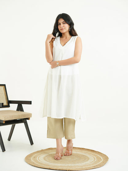 Cotton Pleated Sleeveless Kurta White