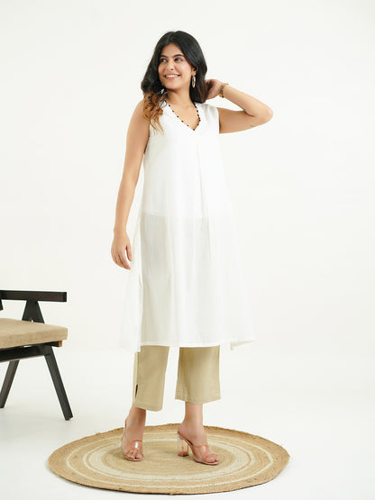 Cotton Pleated Sleeveless Kurta White
