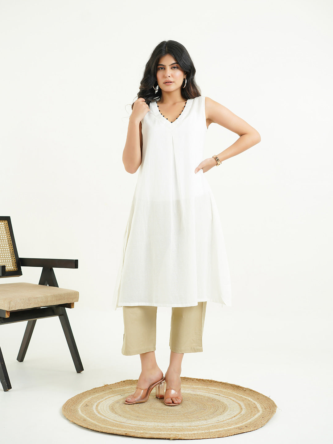 Cotton Pleated Sleeveless Kurta White