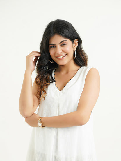 Cotton Pleated Sleeveless Kurta White