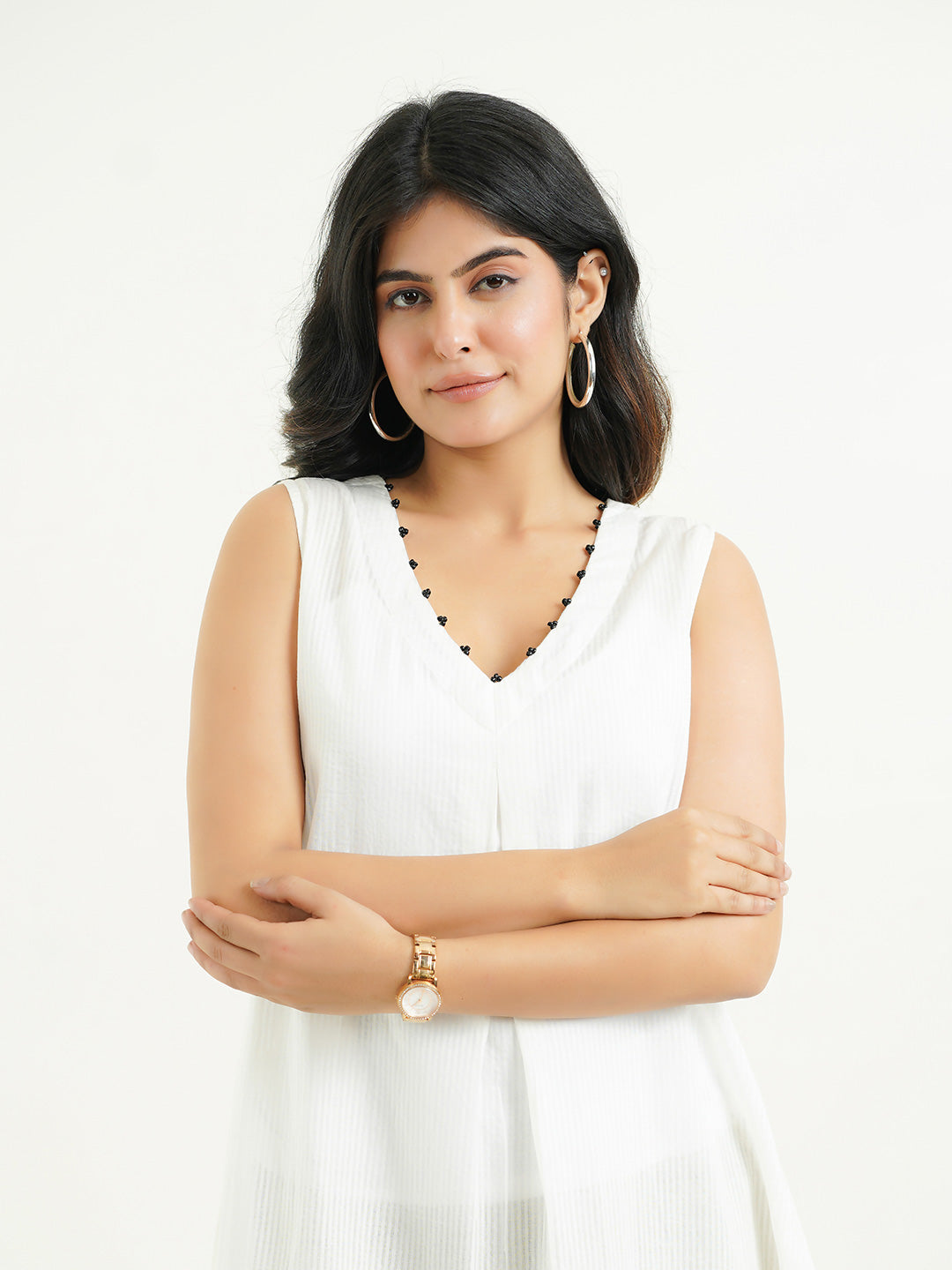 Cotton Pleated Sleeveless Kurta White
