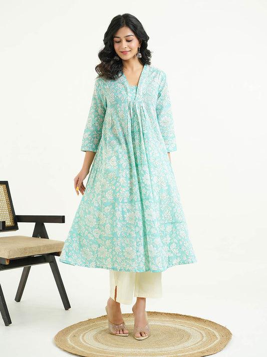Block-Printed Cotton Mughal A-Line Kurta Green
