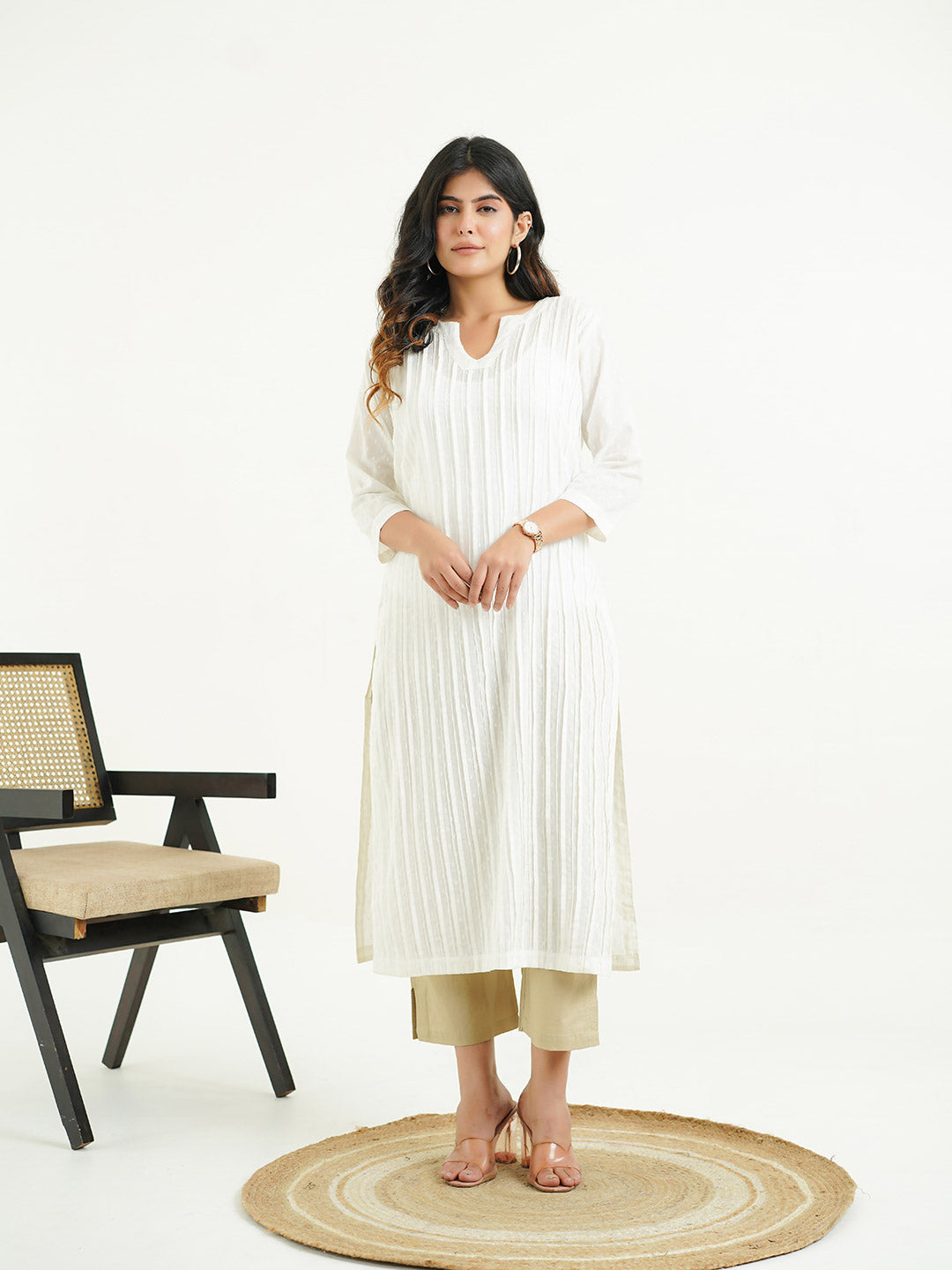 Solid Cotton Everyday Pintucks Kurta White