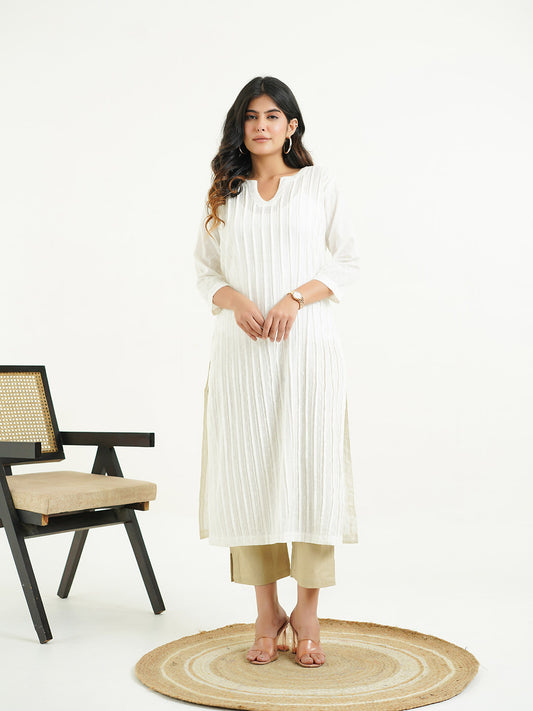 Solid Cotton Everyday Pintucks Kurta White
