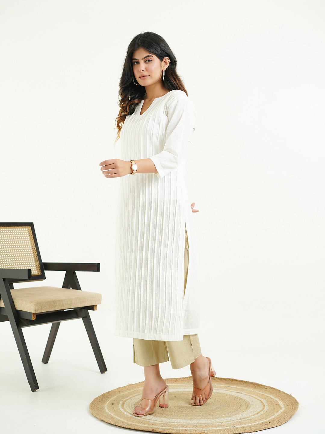 Solid Cotton Everyday Pintucks Kurta White