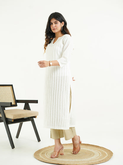 Solid Cotton Everyday Pintucks Kurta White