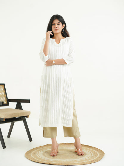 Solid Cotton Everyday Pintucks Kurta White