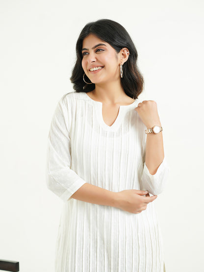 Solid Cotton Everyday Pintucks Kurta White