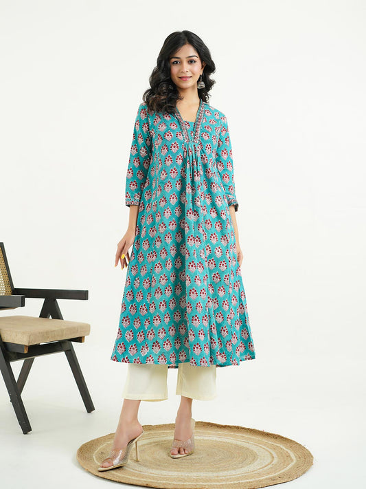 Block-Printed Cotton Mughal A-Line Kurta Turquoise