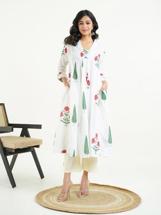 Block-Printed Cotton Mughal A-Line Kurta White-Red