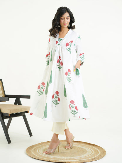 Block-Printed Cotton Mughal A-Line Kurta White-Red