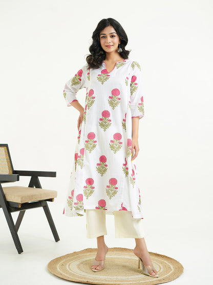 Cotton printed A-line Phiran kurta Red-White