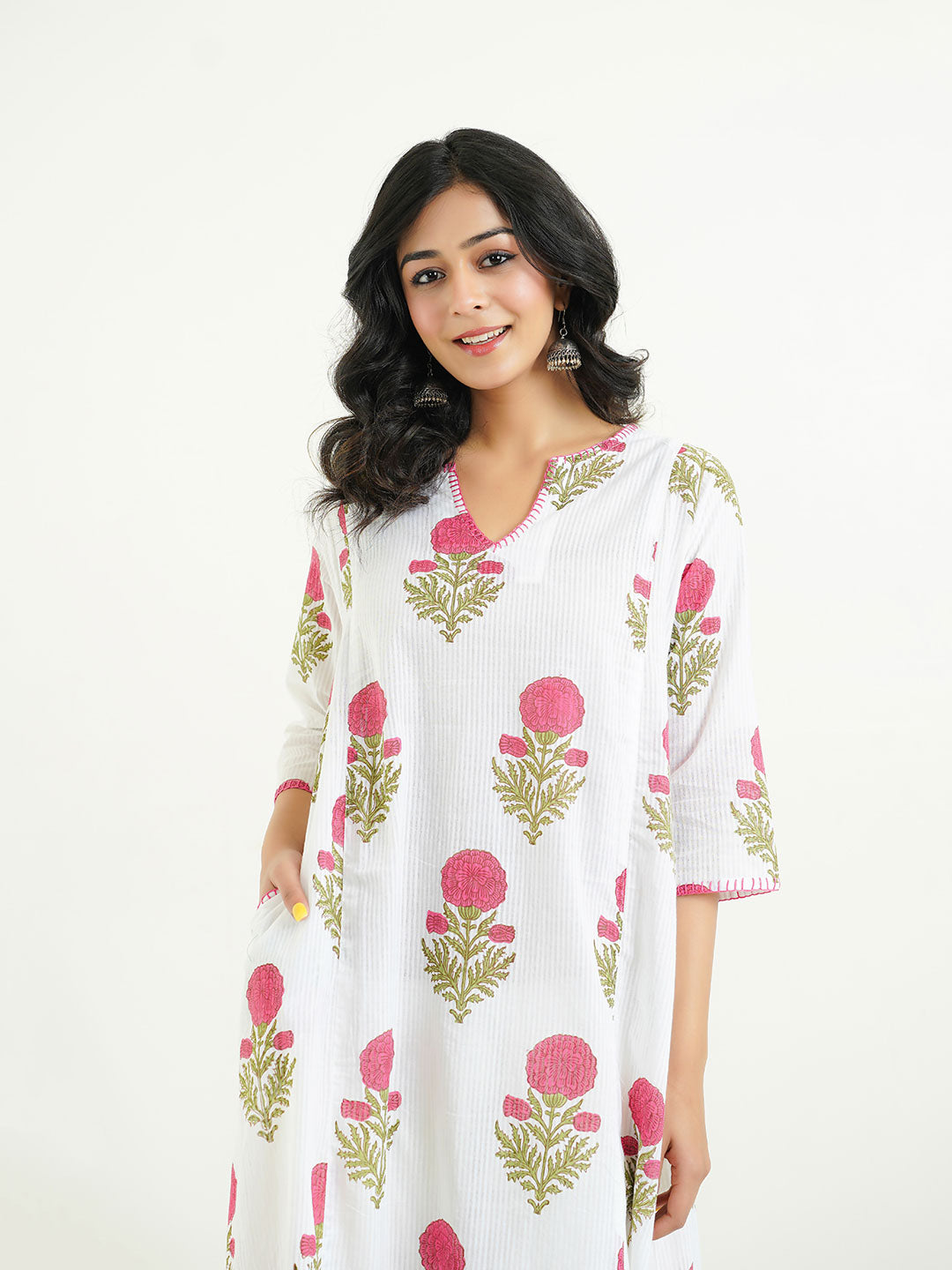 Cotton printed A-line Phiran kurta Red-White