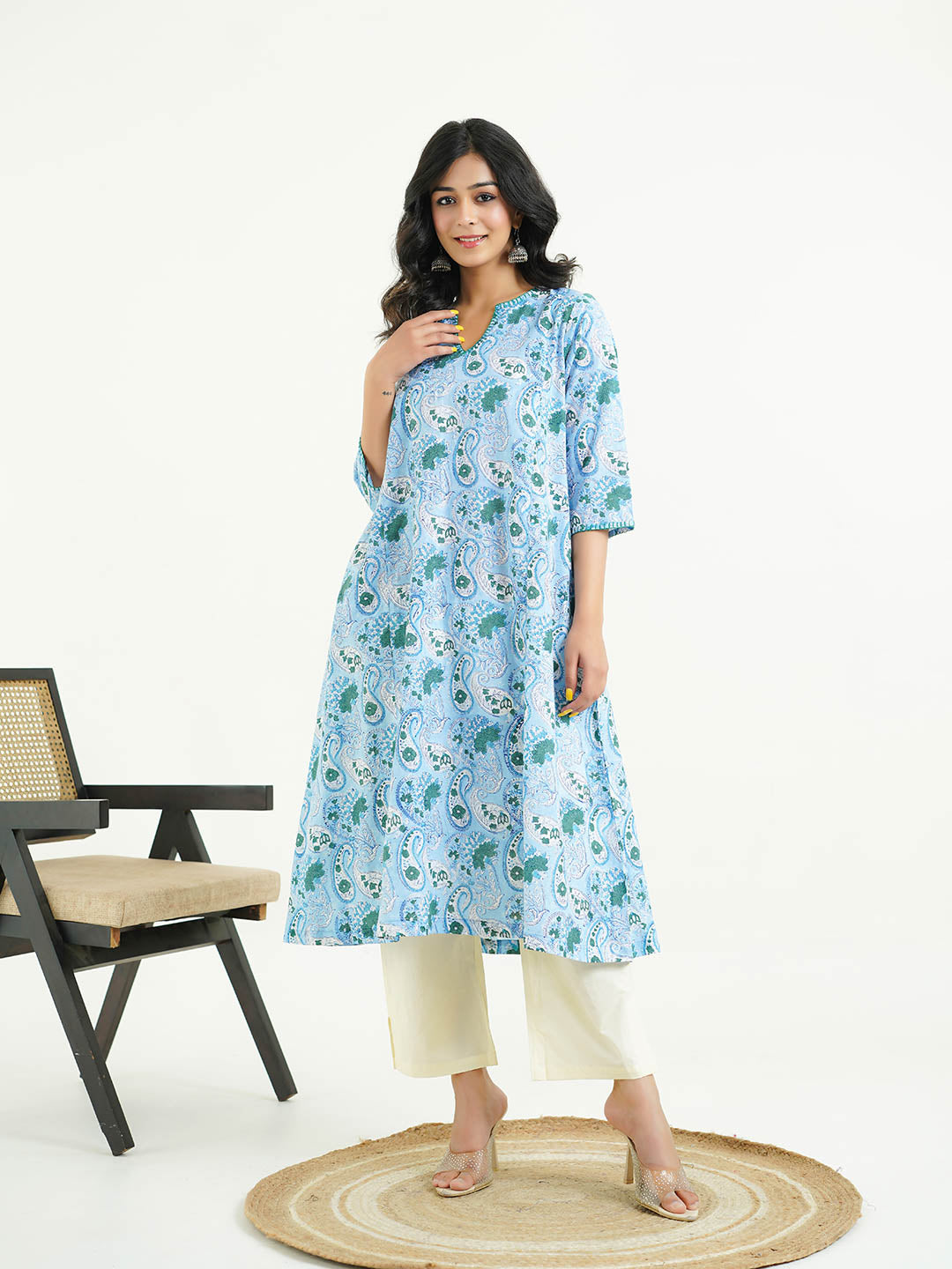 Cotton printed A-line Phiran kurta Sky Blue