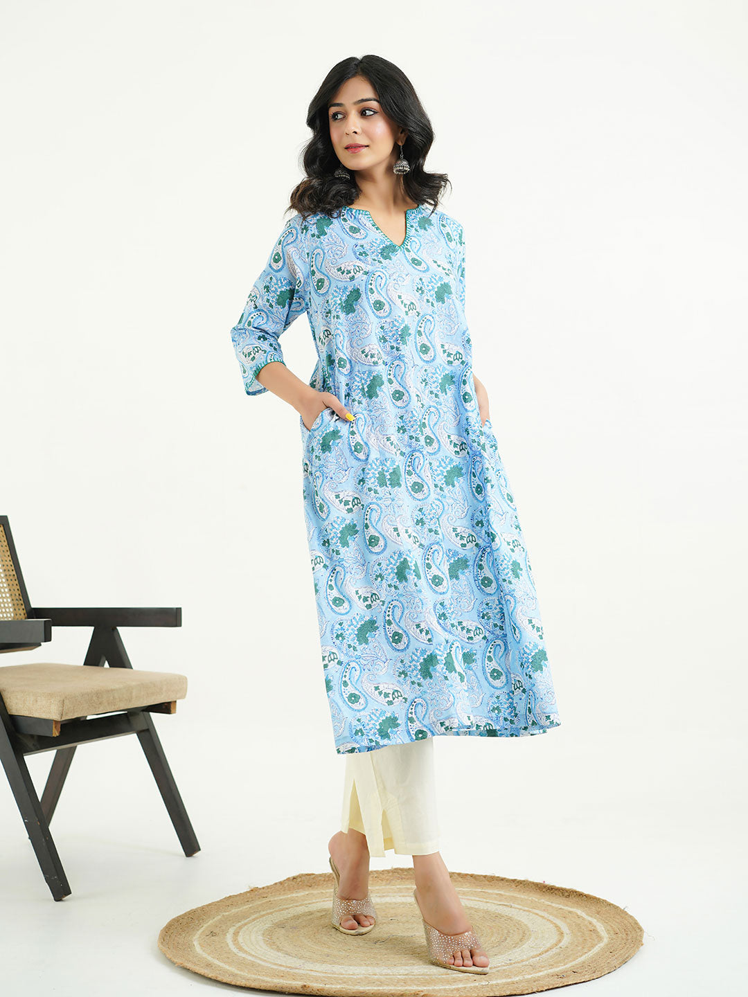 Cotton printed A-line Phiran kurta Sky Blue