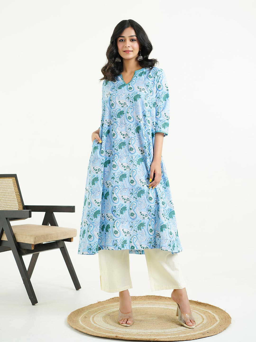 Cotton printed A-line Phiran kurta Sky Blue