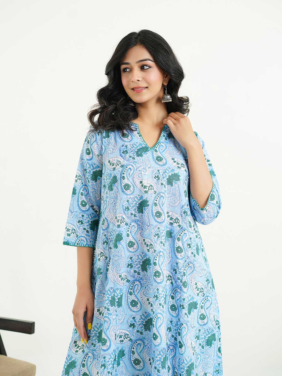 Cotton printed A-line Phiran kurta Sky Blue