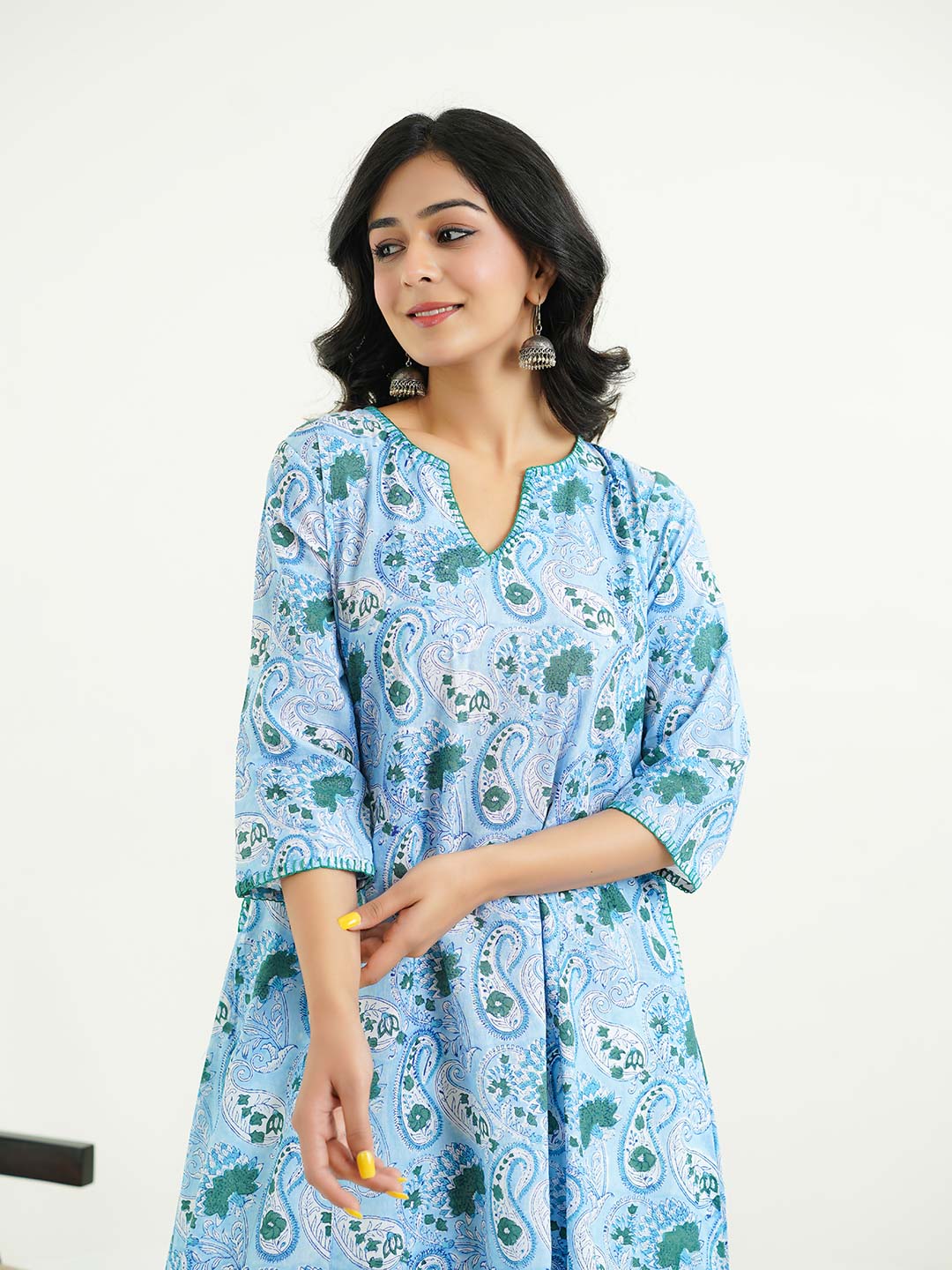 Cotton printed A-line Phiran kurta Sky Blue