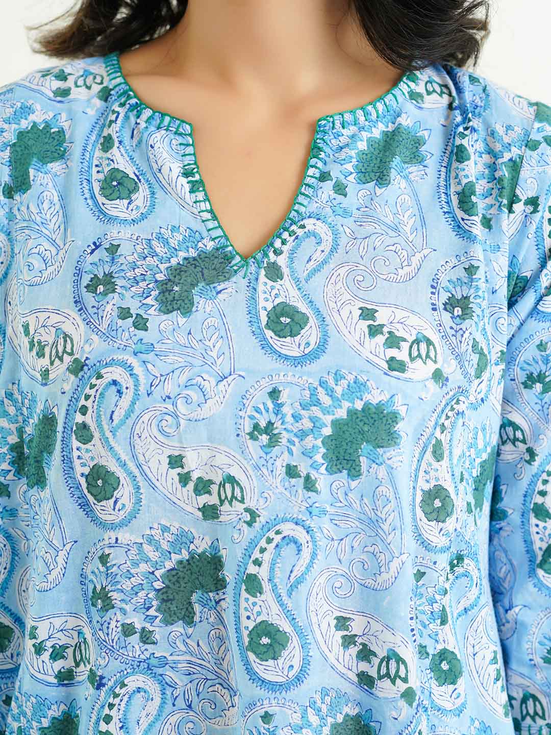 Cotton printed A-line Phiran kurta Sky Blue
