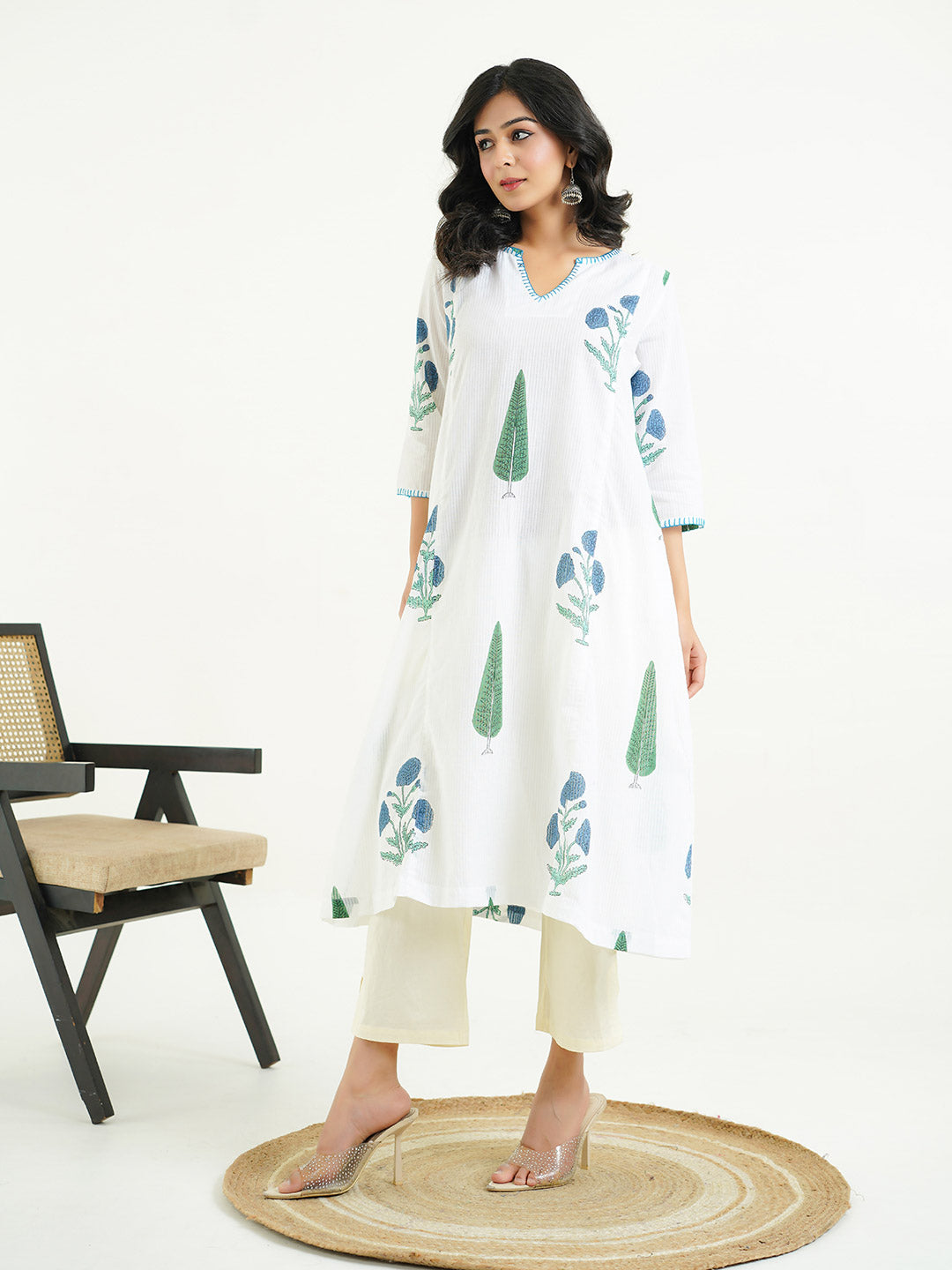 Cotton printed A-line Phiran kurta Blue-White