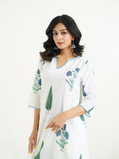 Cotton printed A-line Phiran kurta Blue-White