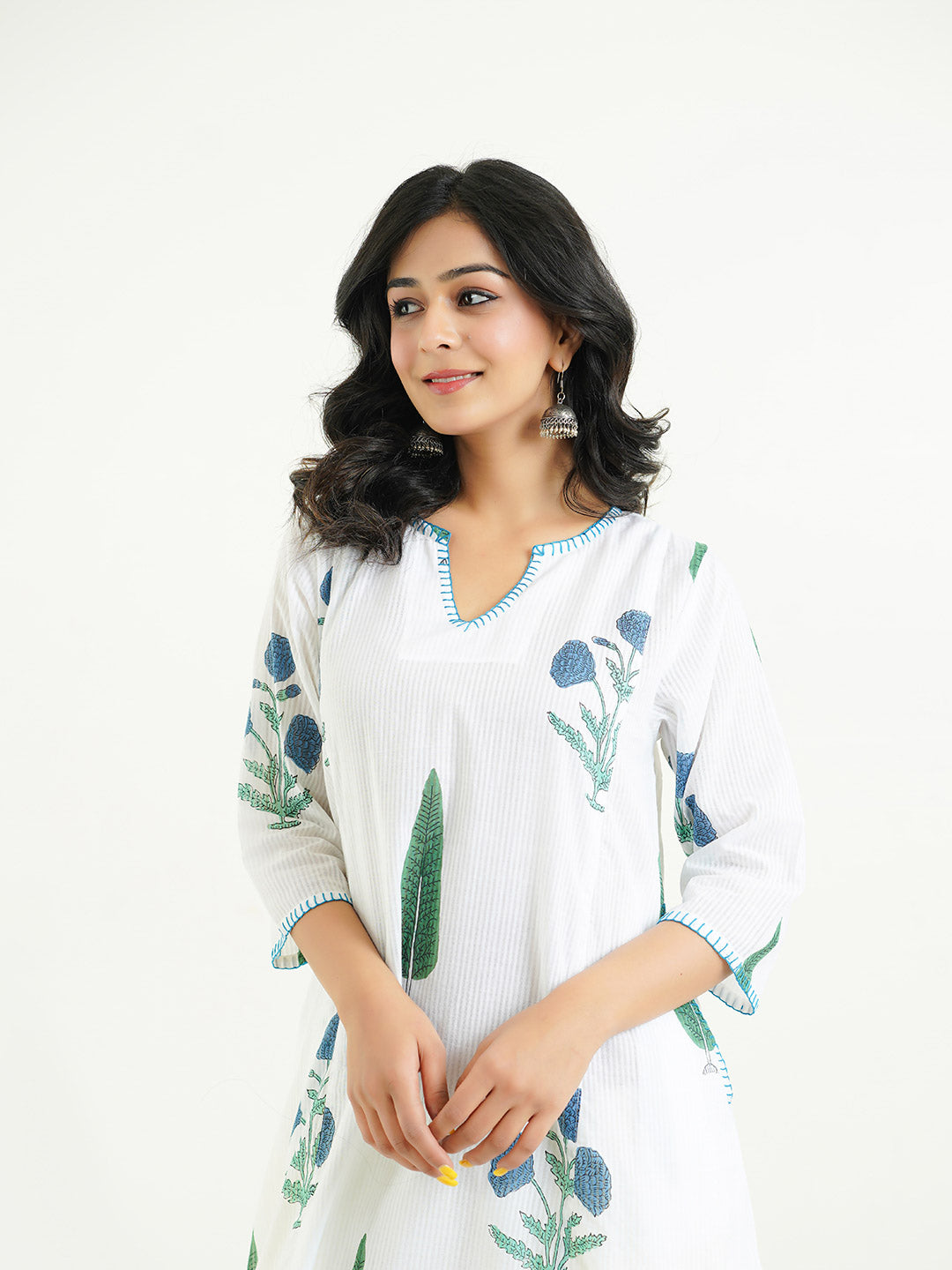 Cotton printed A-line Phiran kurta Blue-White