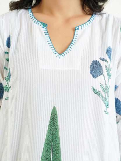 Cotton printed A-line Phiran kurta Blue-White