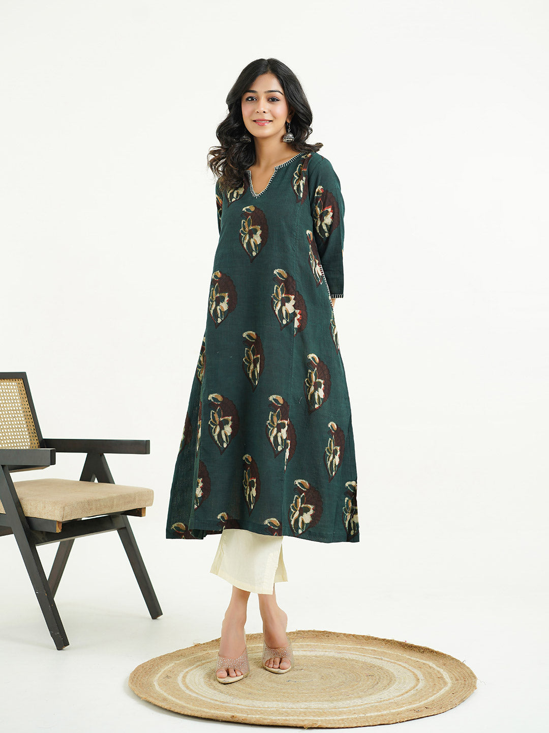 Cotton printed A-line Phiran kurta Indigo
