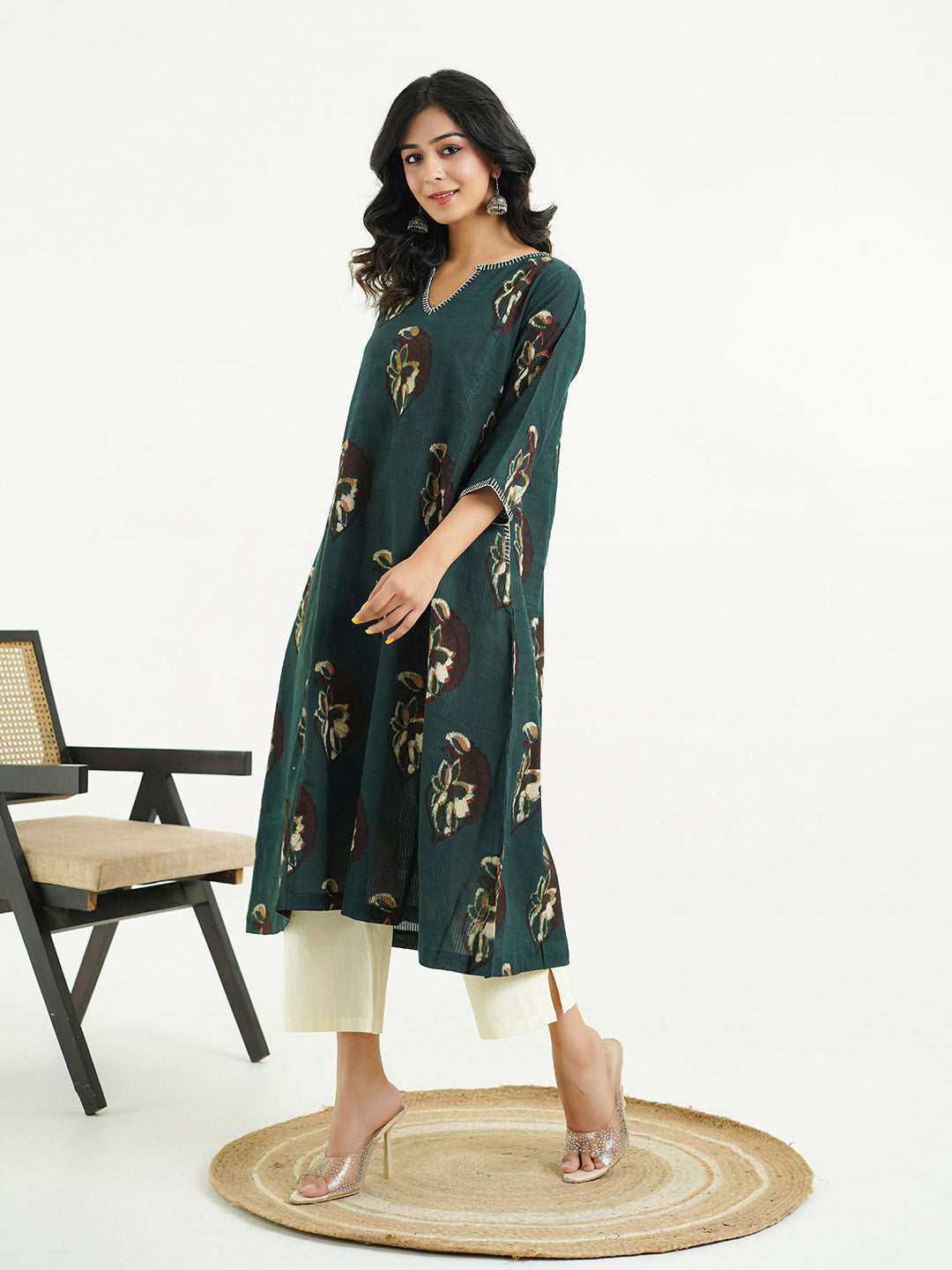 Cotton printed A-line Phiran kurta Indigo