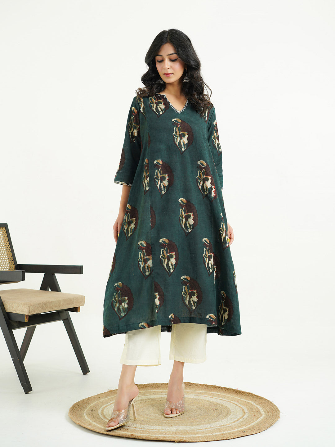 Cotton printed A-line Phiran kurta Indigo