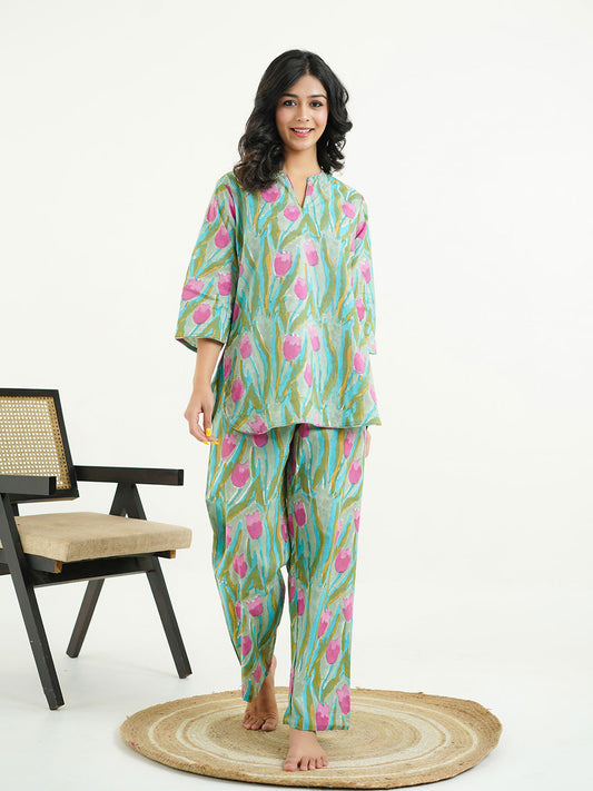 Cotton Printed Lounge Wear Coord Set Green-Flower