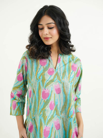 Cotton Printed Lounge Wear Coord Set Green-Flower