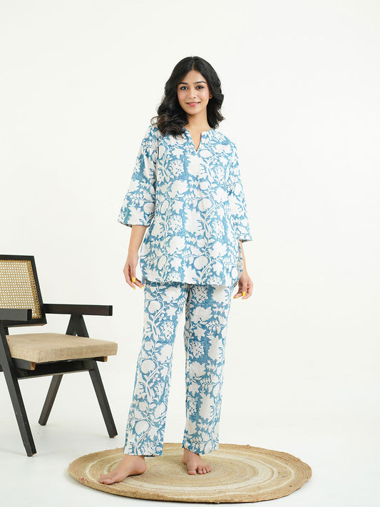 Cotton Printed Lounge Wear Coord Set Ice-Blue