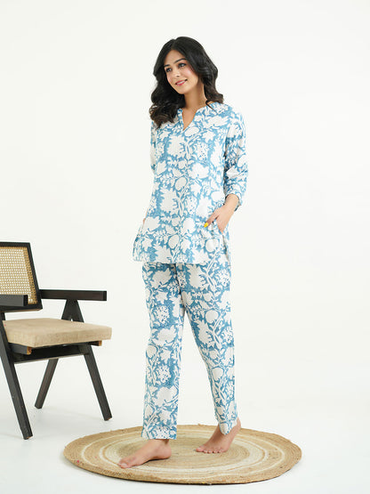 Cotton Printed Lounge Wear Coord Set Ice-Blue