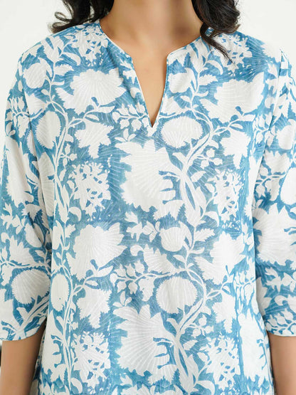 Cotton Printed Lounge Wear Coord Set Ice-Blue