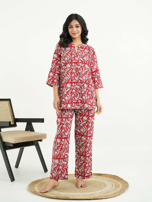 Cotton Printed Lounge Wear Coord Set Red
