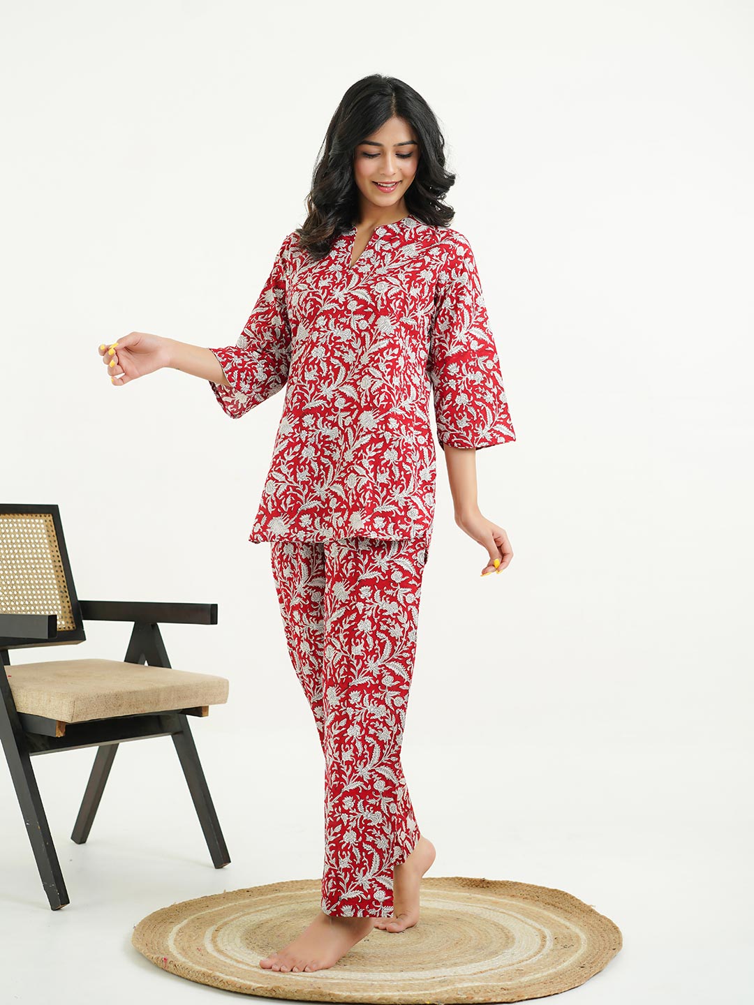 Cotton Printed Lounge Wear Coord Set Red