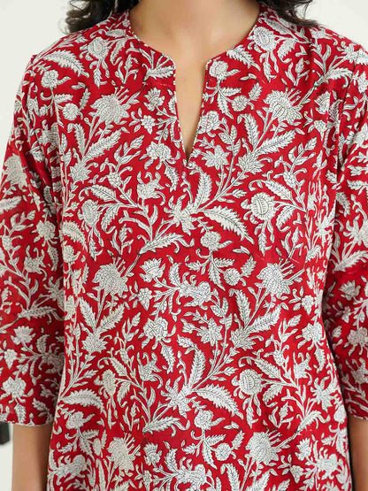 Cotton Printed Lounge Wear Coord Set Red